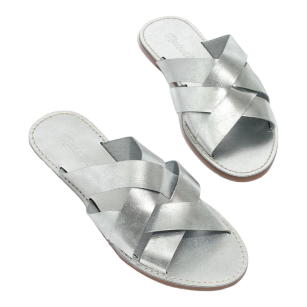 Madewell The Boardwalk Woven Slide Sandal in Silver Metallic 9.5